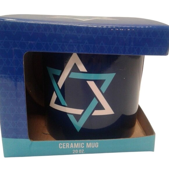 Coffee Cup 20 Oz Hanukkah Star Of David Ceramic Mug Blue White Oversized New - Picture 1 of 4